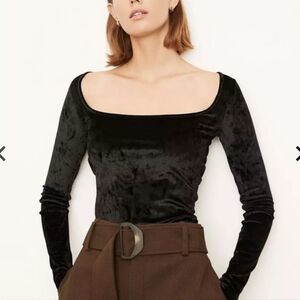 Vince Square Neck Plush Velour Fitted Long Sleeve Top Black Size Large